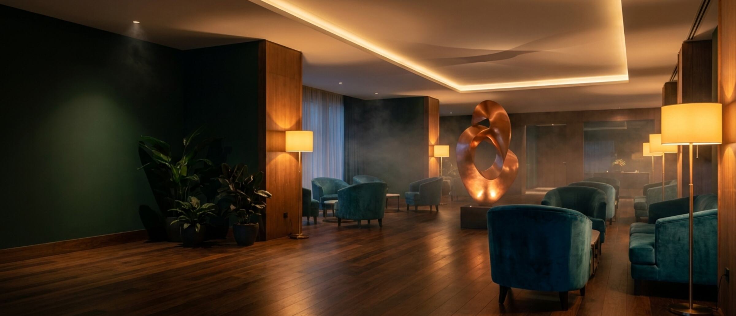 Grosszügige Hotellobby mit Sesseln, warmem Licht und Pflanzen