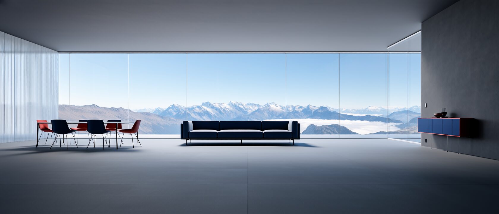 Minimalistischer Raum mit Alpenblick